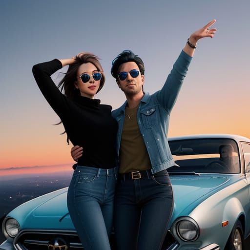 On Observatory crest,a blue car parked in the background,a woman with black hair and sunglasses and a man with brown hair and sunglasses,bot...