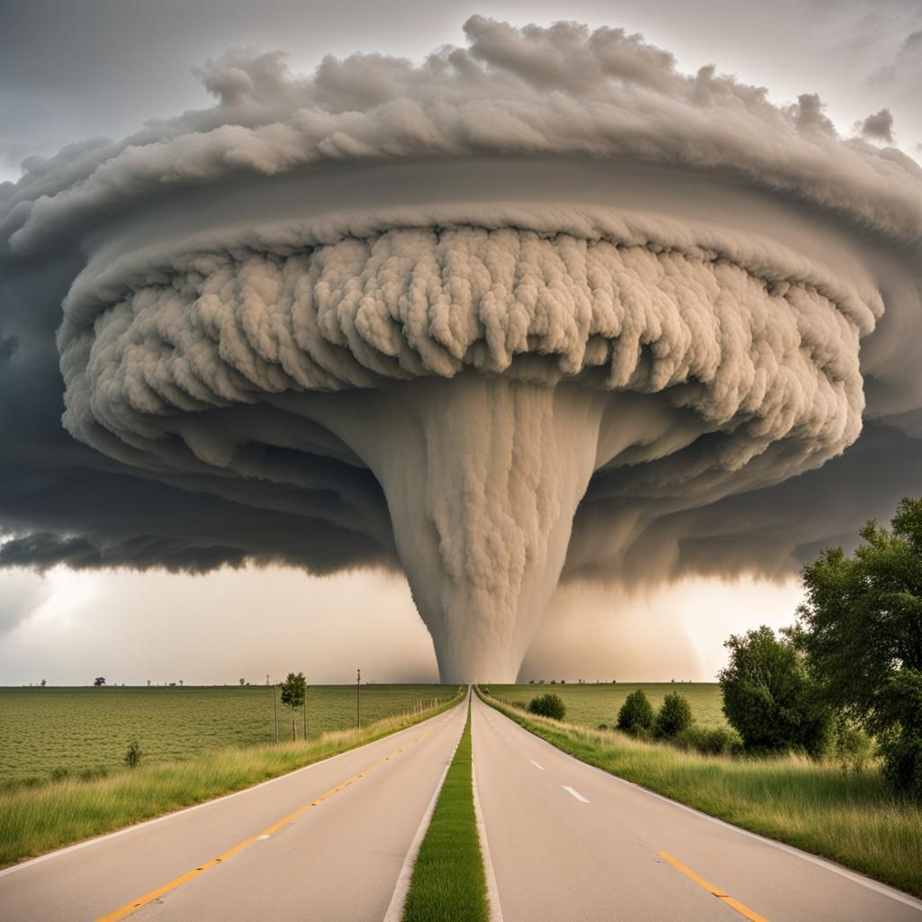 Photograph, Storm Chasers and very wide and fat tornado with horizontal ...