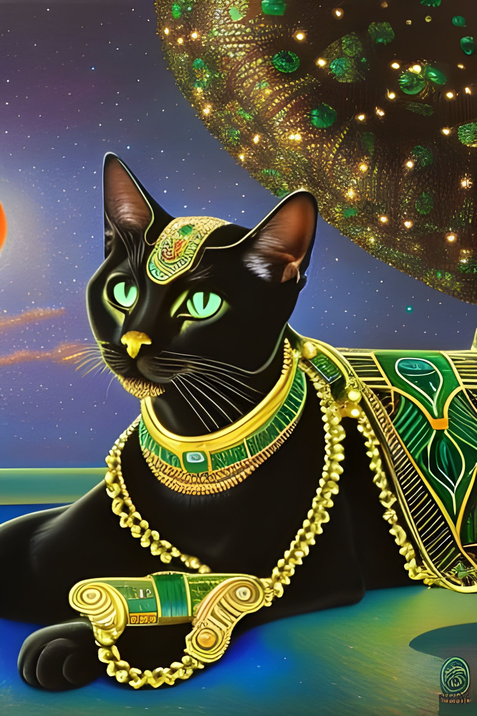 Bastet, A big, sleek black cat with green eyes wearing an elaborate Egyptian styled jeweled collar and ...  by @Copperscaledragon