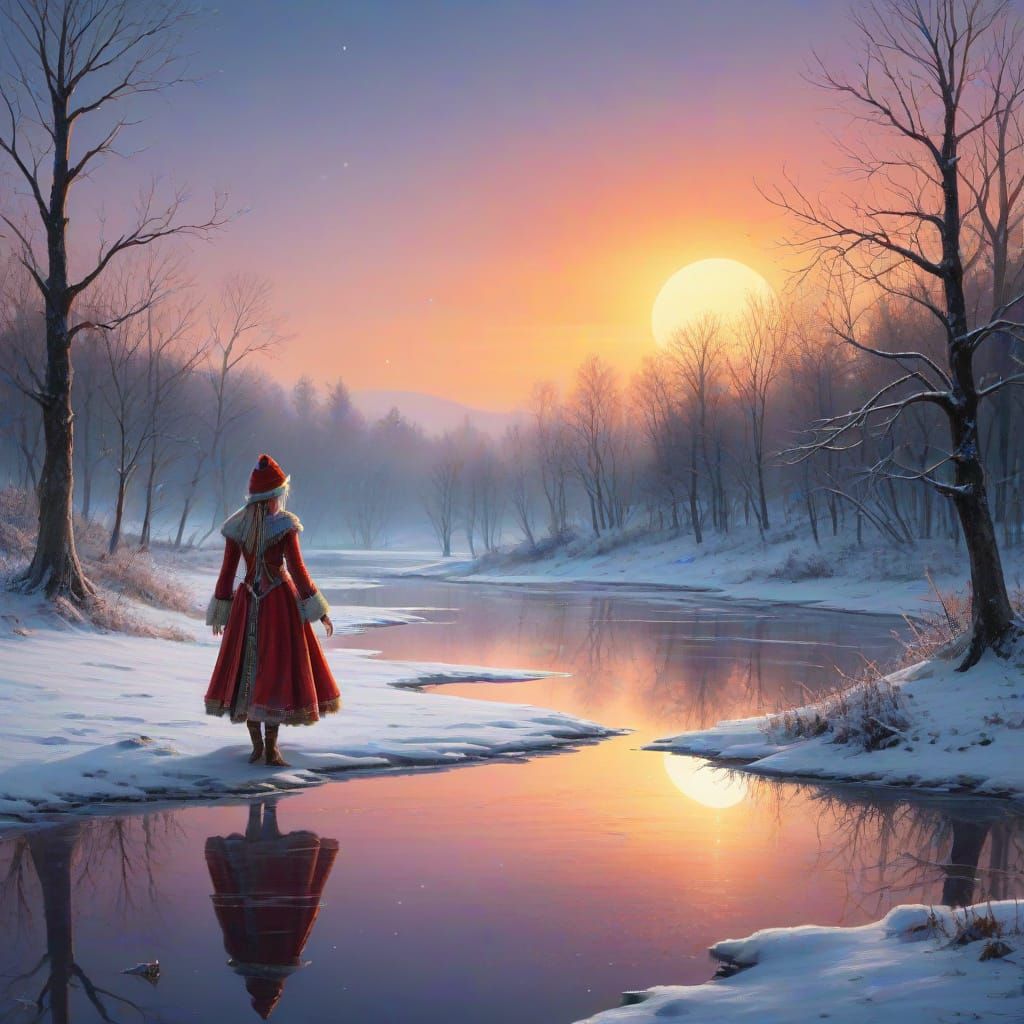 Magical Elf in Snowy Twilight Landscape with Festive Lights