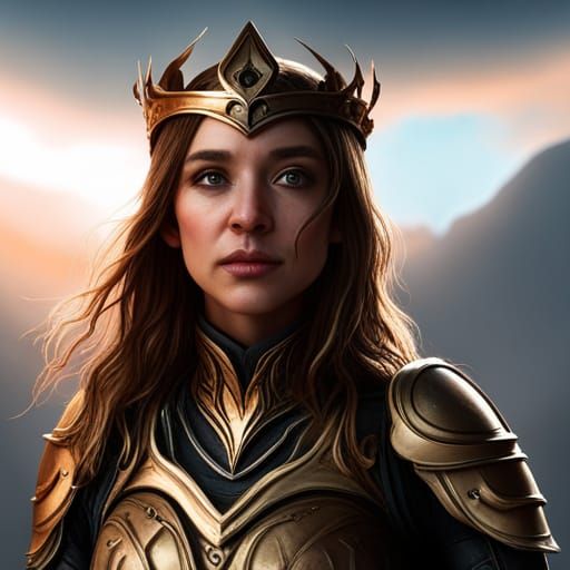 8k high details pokimane in fantasy armor wearing gold crown...