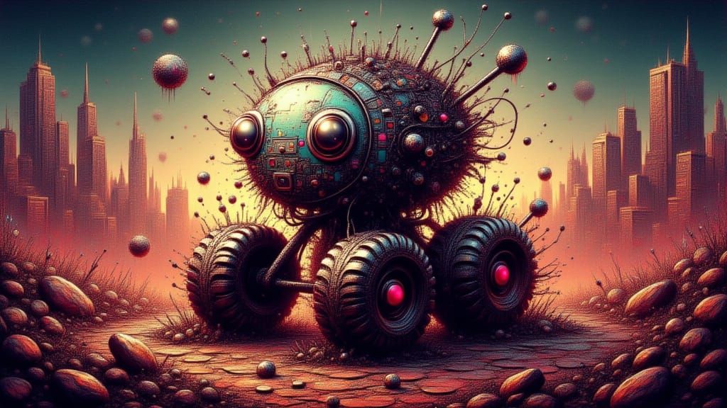 abstract surreal art splash-art hypermaximalism textured as dimple art with wicked intentions featuring a cute urbanpunk robot made of retro...