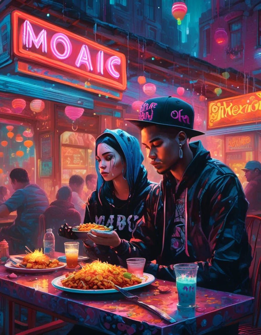 Gothic couple enjoying Mexican food <lora:Dreamy Darkness V1...