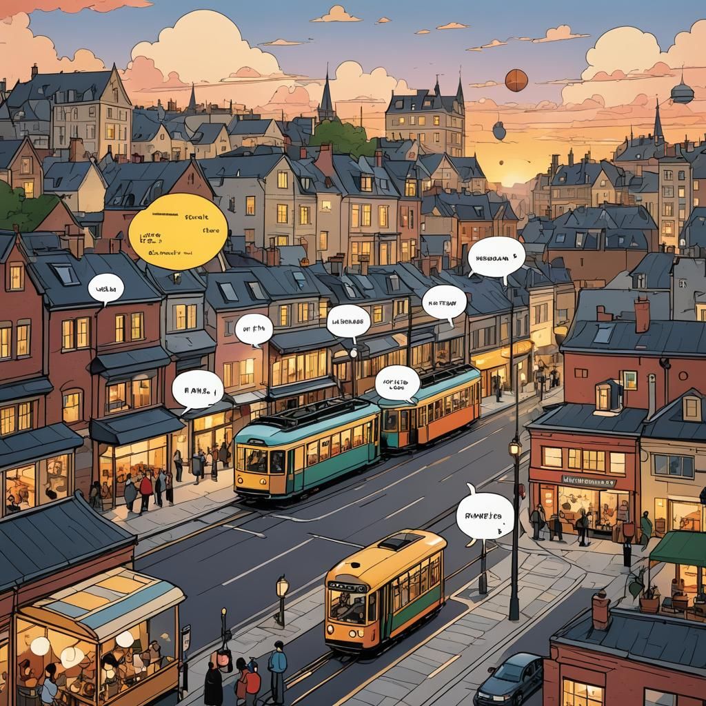 Sunset Townscape of Sounds in Cartoon Speech Bubbles