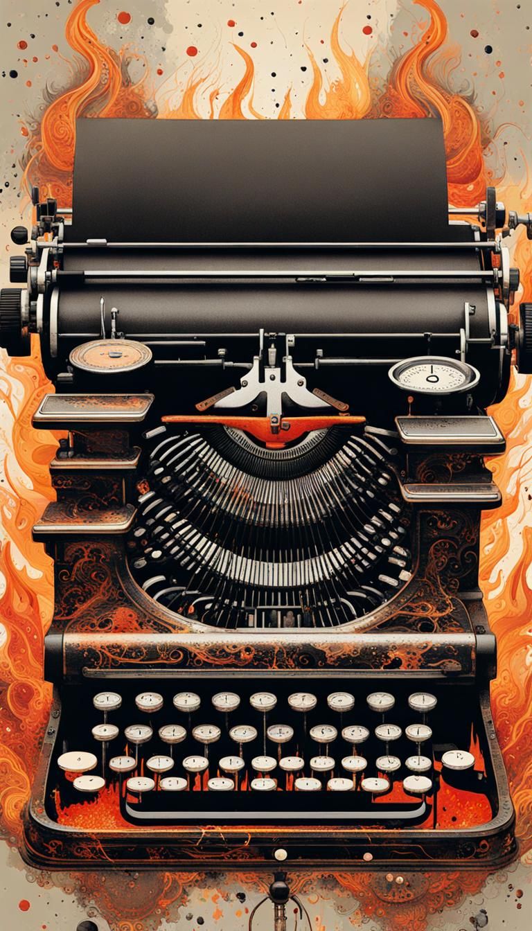 Antique vintage typewriter, ink splatter art, very long neck, intricate