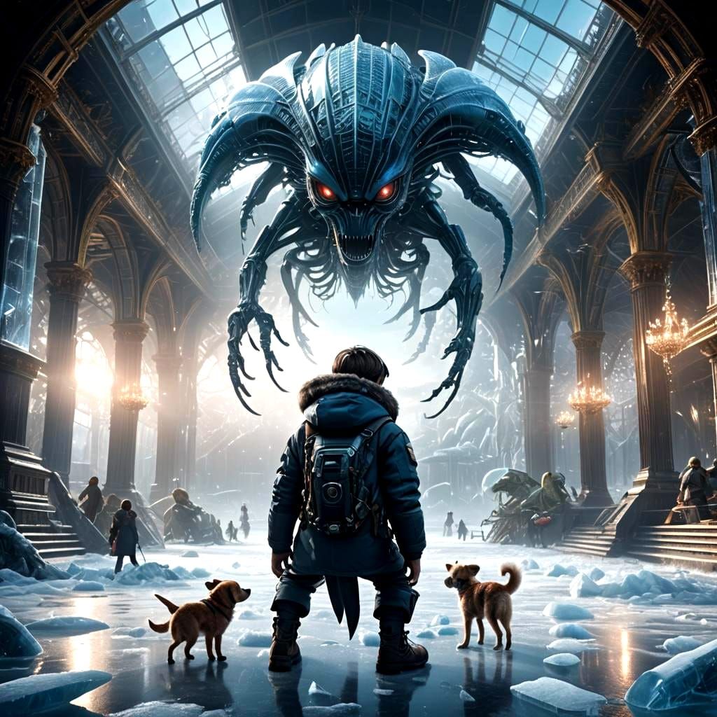 Powerfull kid, with his dog, in a Ice and Crystal palace