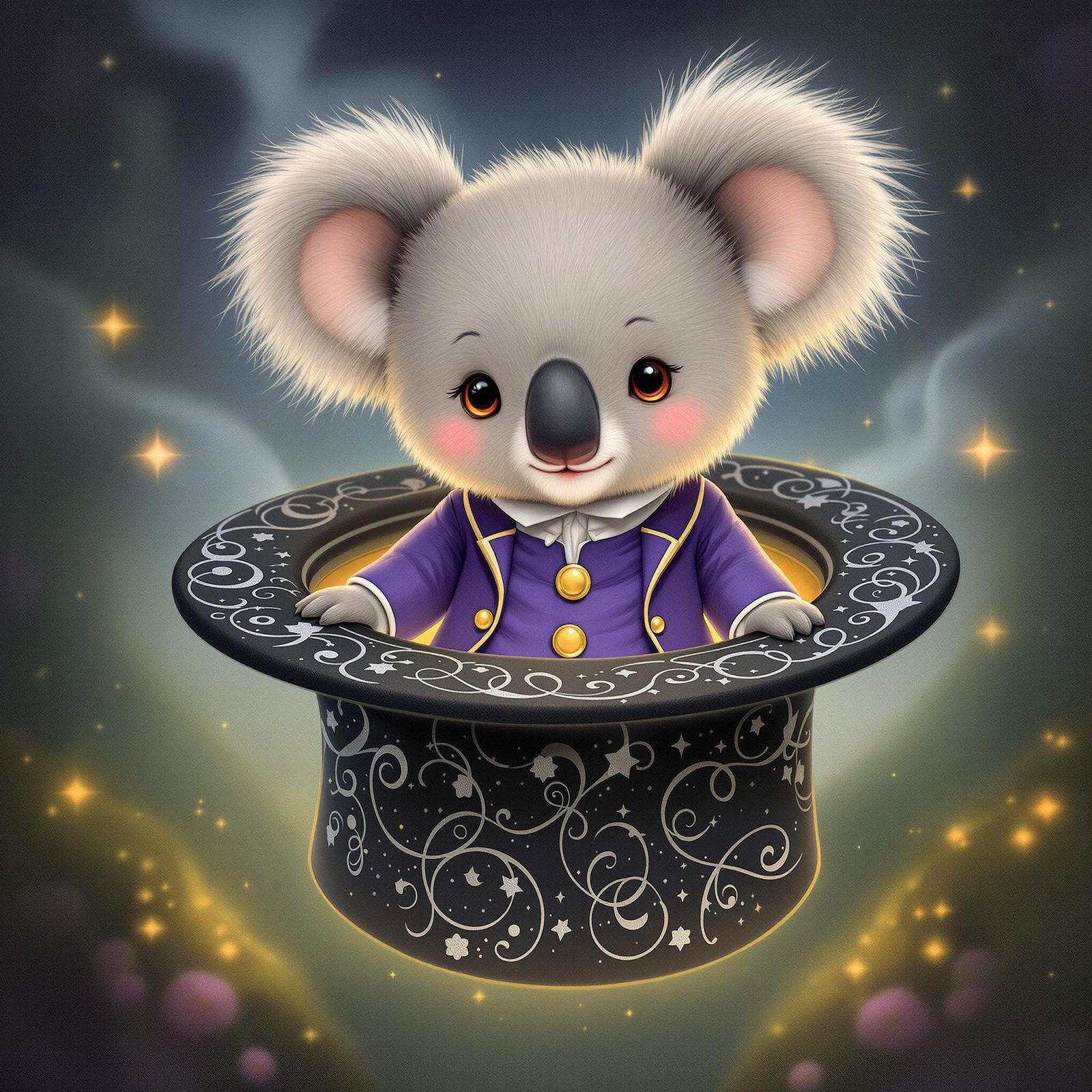 A chibi koala bear in a purple frock coat flying around insi...
