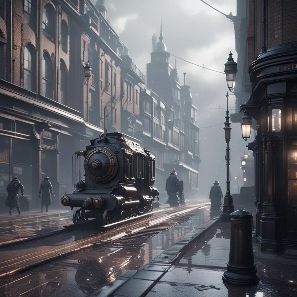 1880s misty London street intricate mech details, ground lev...