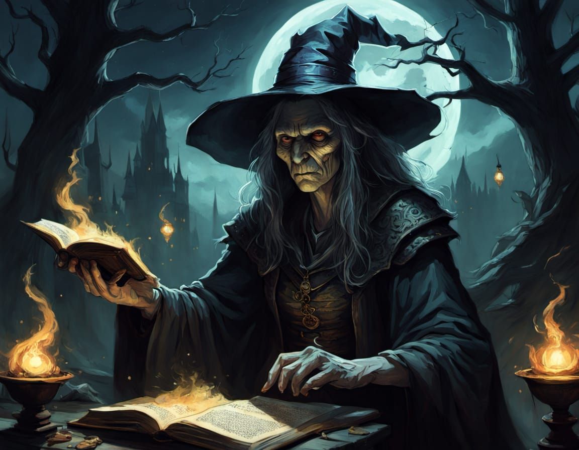 An old ragged witch, wearing a fantastic and artistic costume with a large hat in a moonlit clearing, her face illuminated by the magical en...