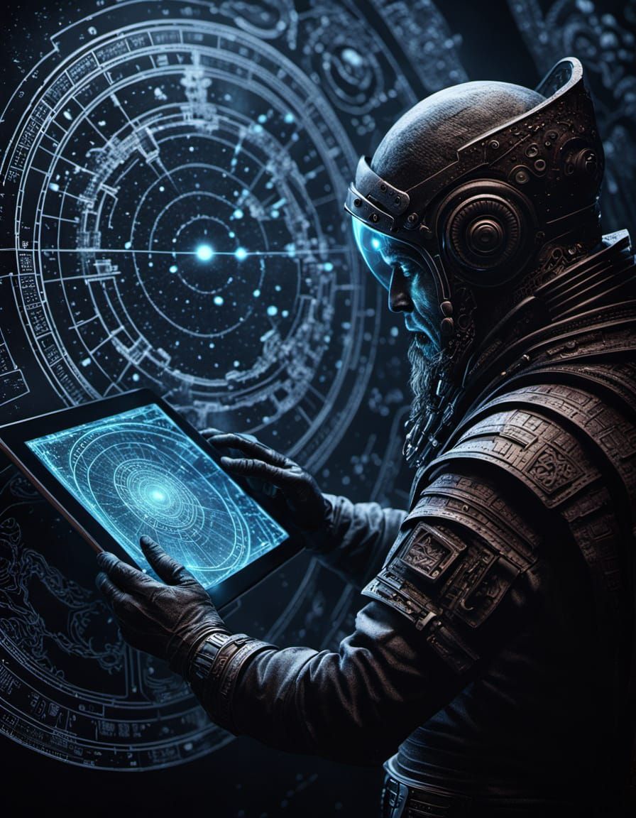 An ancient astronaut, weathered and wise, meticulously charting a map of unknown constellations on a vast, obsidian tablet. The scene is bat...
