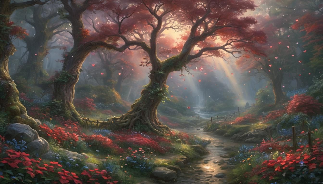 Wild crimson fantasy, love’s embrace Hearts entwined in this place In