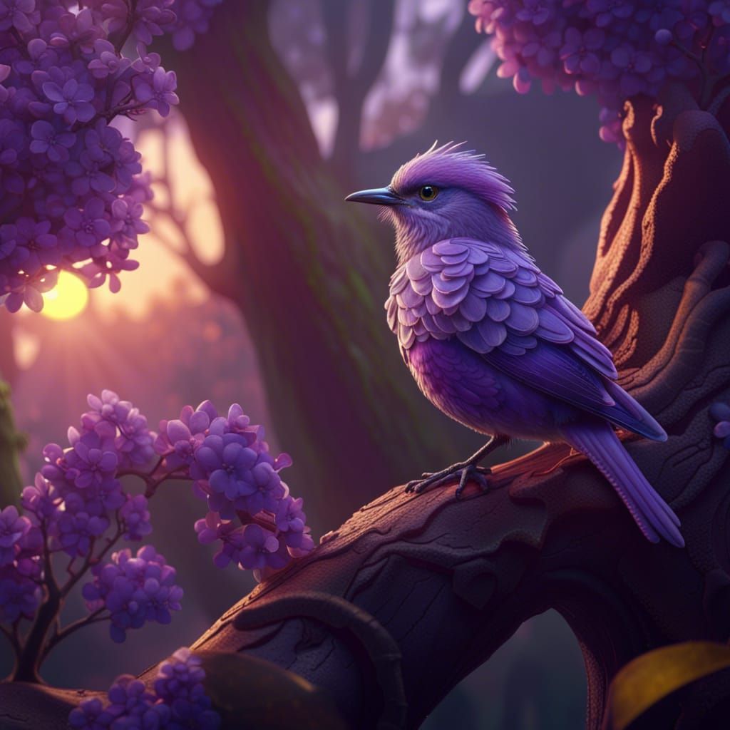Lilac bird sitting on a tree, close view, forest scene, sunset in background  by @Coco