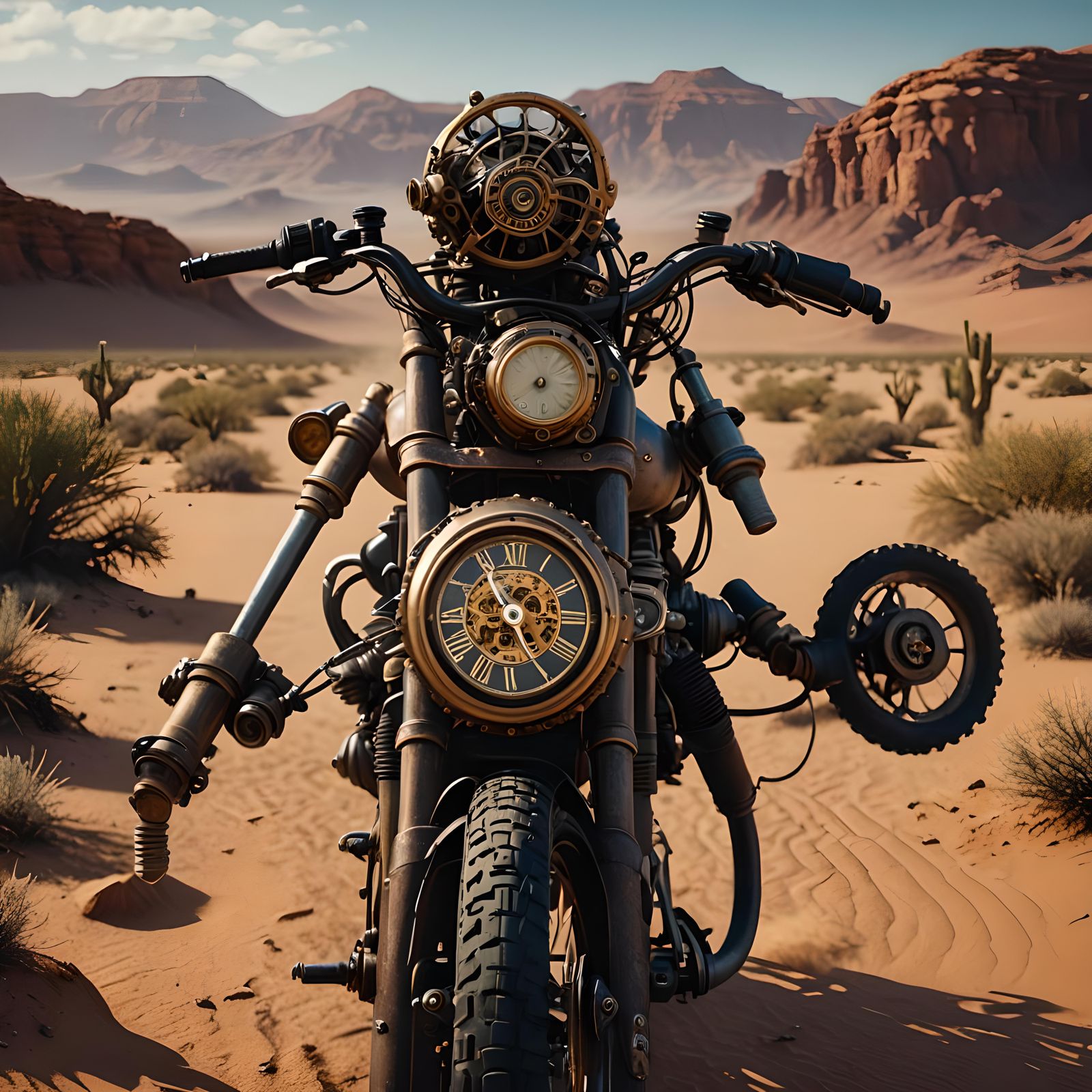 old bike head with rounded watch head in desert