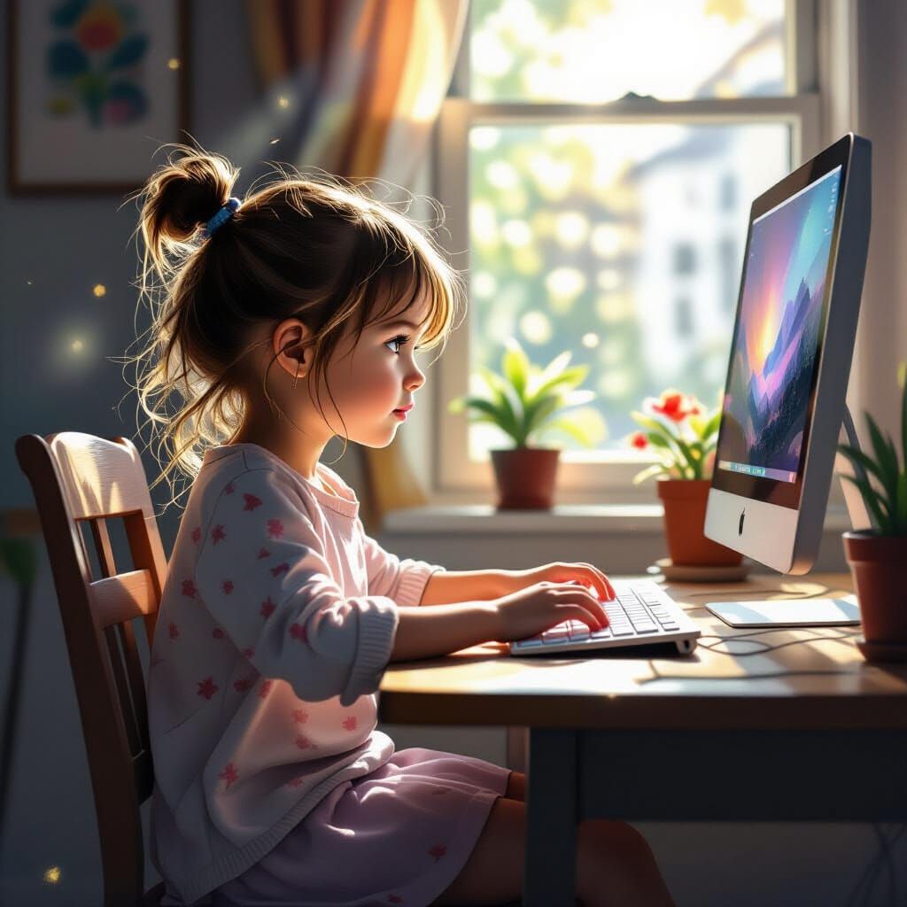 Girl at Computer Desk with Sunlight