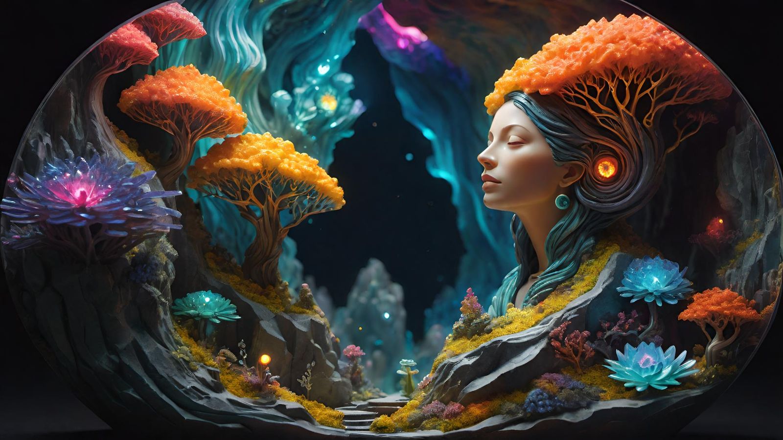 abstract concepts and emotions,microcosme woman face swirlin...