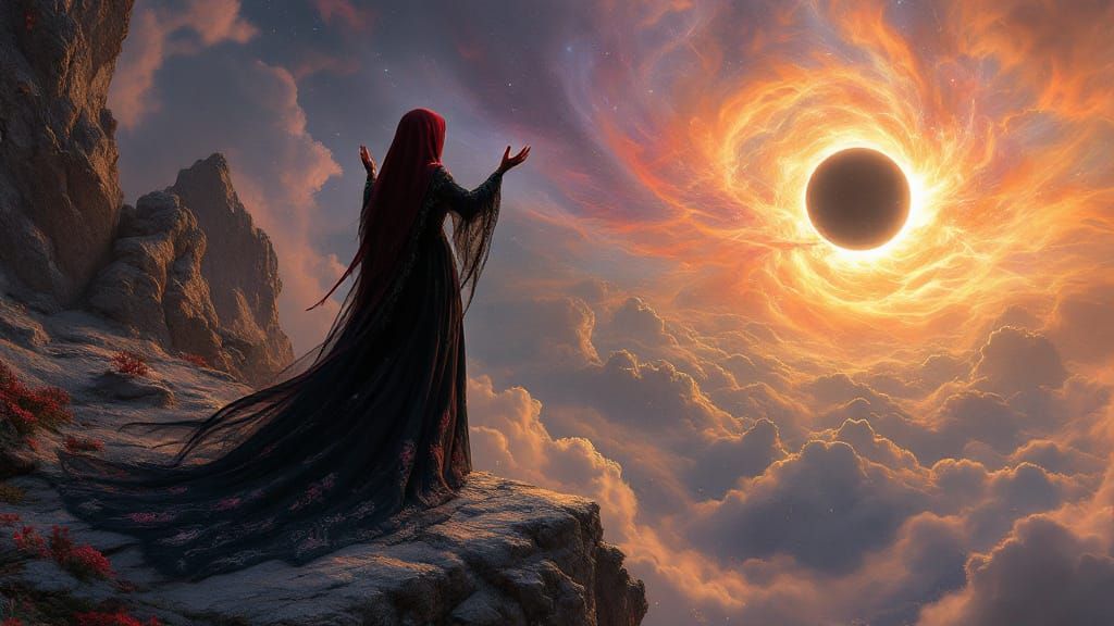 A witch holding her hands up around an eclipse in the sky. H...