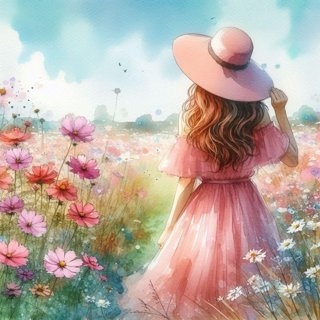 Pretty Young Lady Walking in a Flowery field