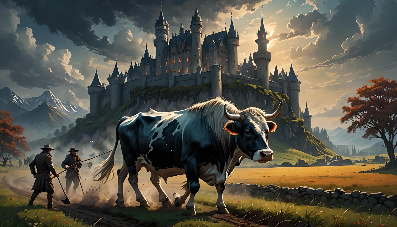 A guy plow the field that pulls a cow under the castle.