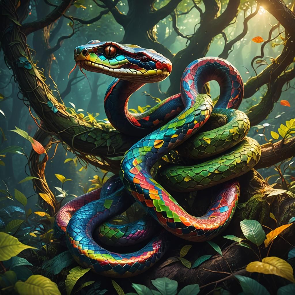 Colorful Snake in Mystical Forest: Fantasy Art