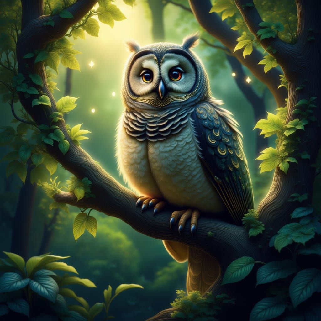 An owl in a tree <lora:Luminescence:1.0>