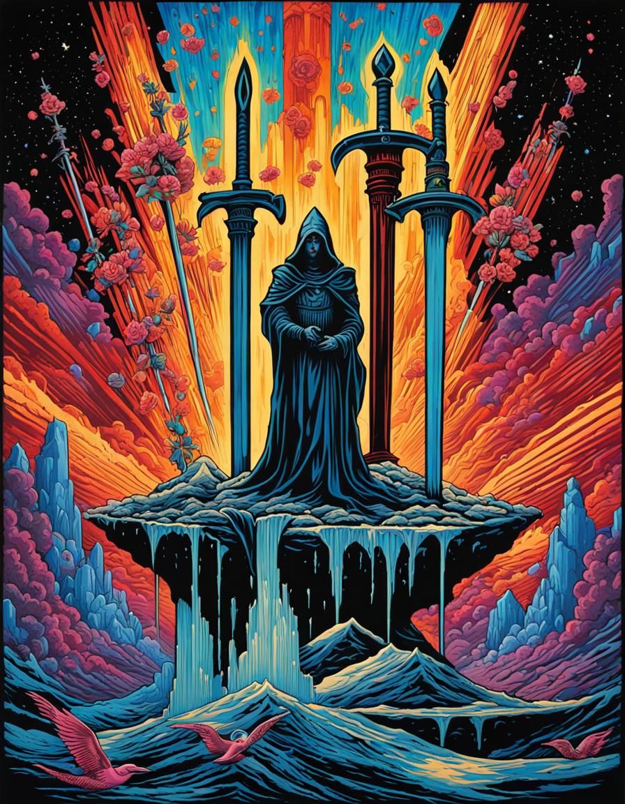 "7 of swords" Tarot psychedelic  graffiti art, splash art, street art, spray paint, oil gouache melting, acrylic, high c...