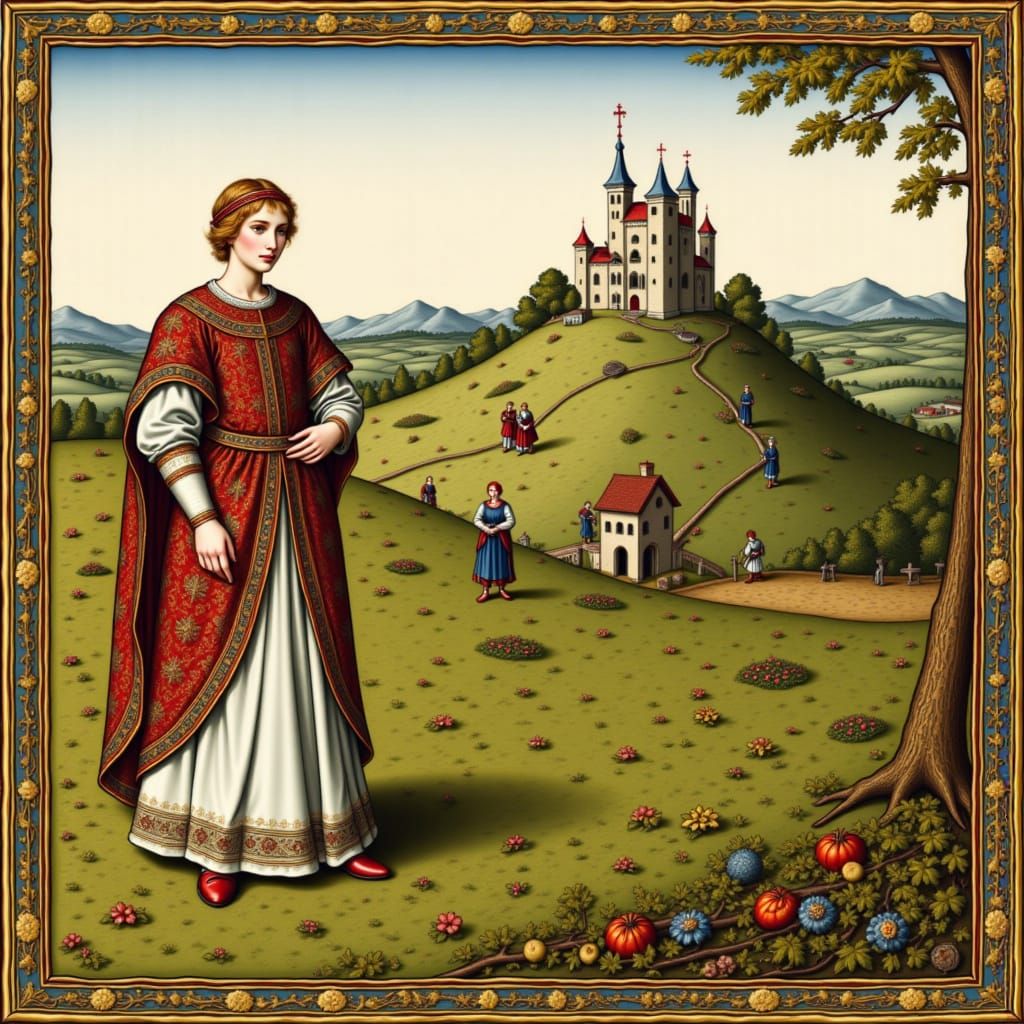 A medieval pastoral scene, showing a lord and lady standing in the foreground, with serfs tilling the fields near a norman castle on a hillt...