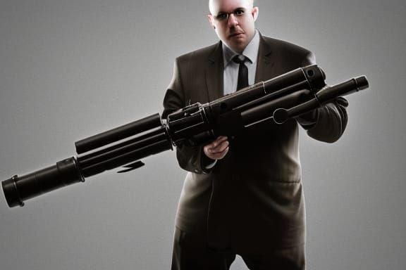 Bald man holding a minigun