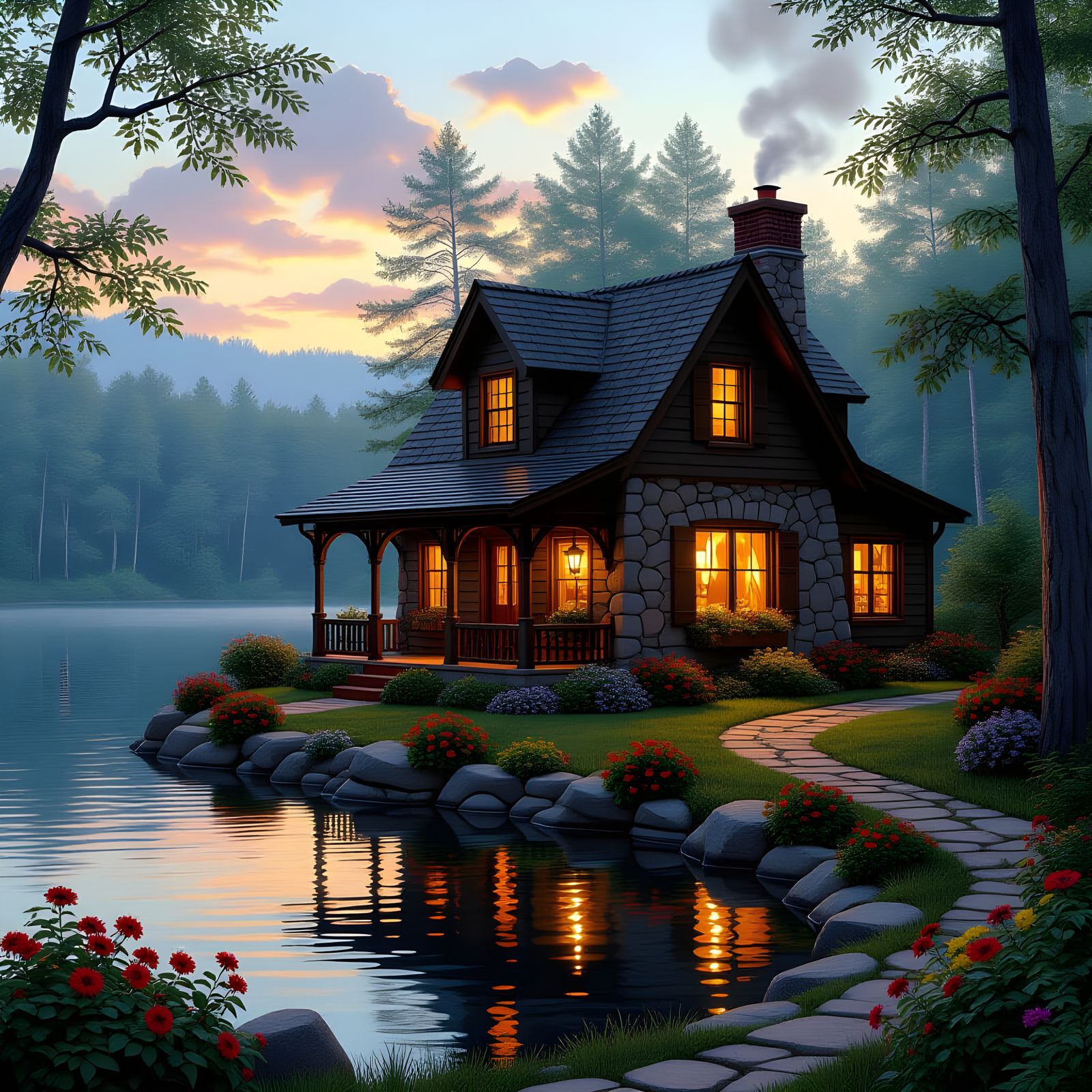 A little cottage by the lake on the edge of the woods with glowing windows and smoke coming out of the ...  by @Stephen Racette