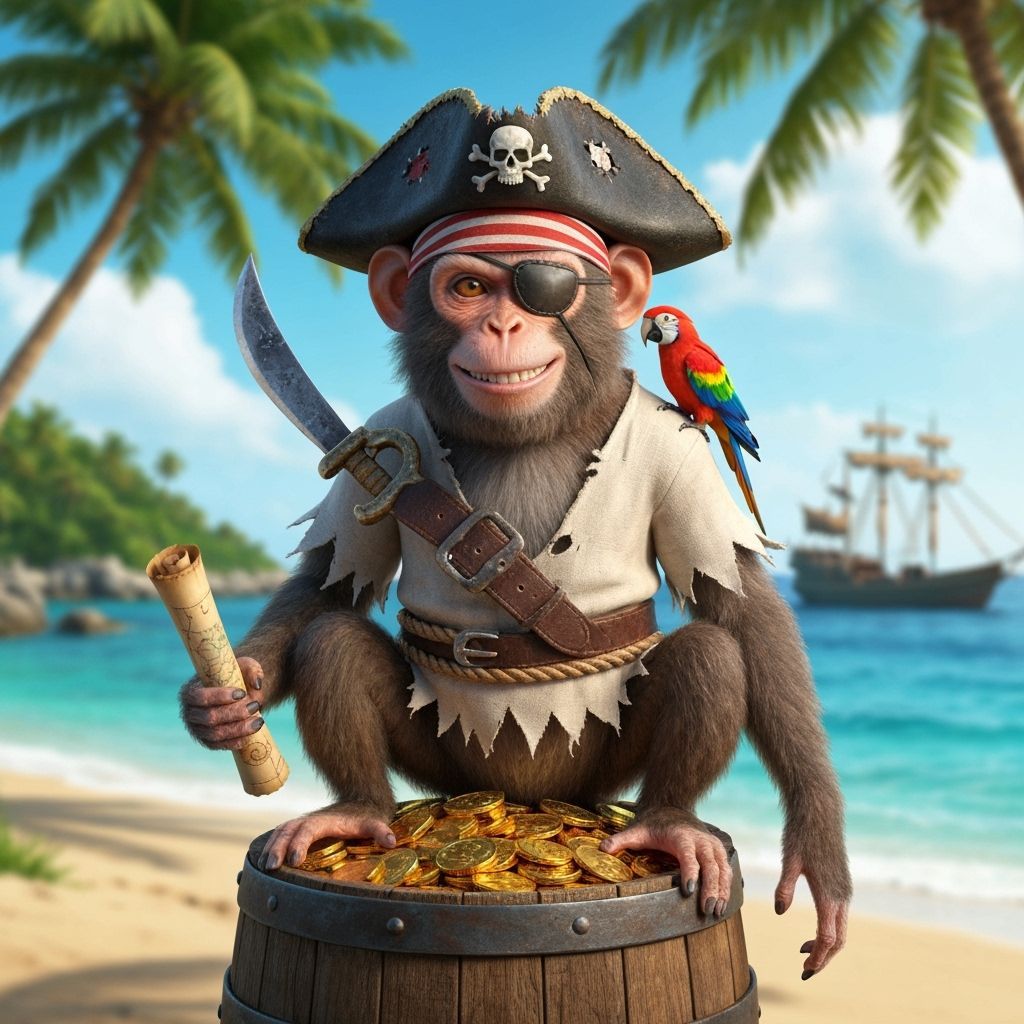 A highly detailed and realistic image of a monkey dressed as a stereotypical pirate. It's wearing a small, tattered tricorne hat with a prom...