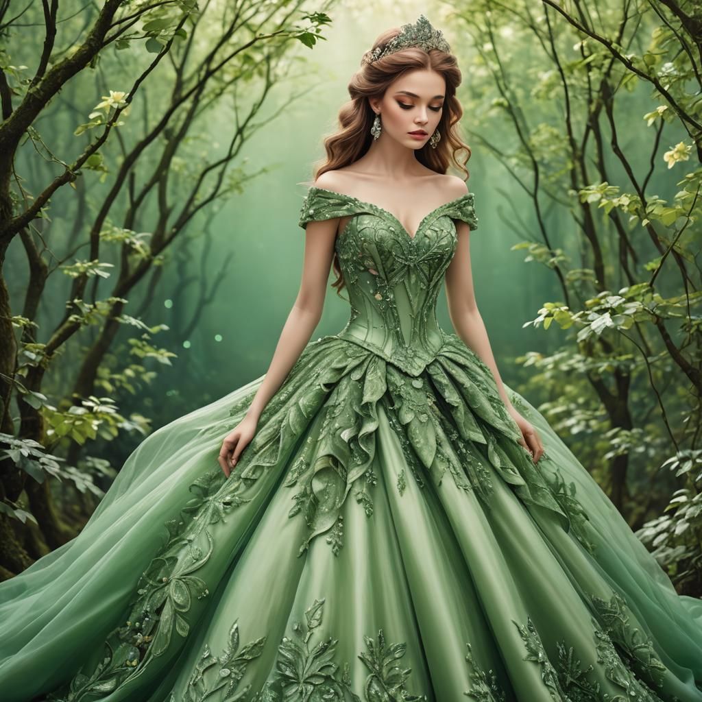 beautiful girl in a green fantasy ball gown