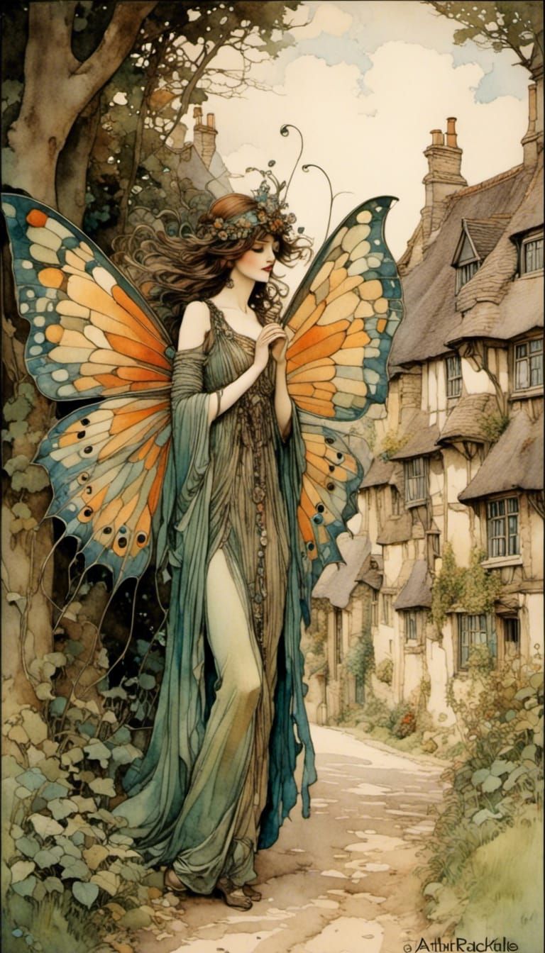 <lora:VintageVisions:1.0> Fairy, BRITON RIVIERE, Village, INTRICATE, Moody, WATERCOLOR, Neo-impressionism, ...  by @Rhetor