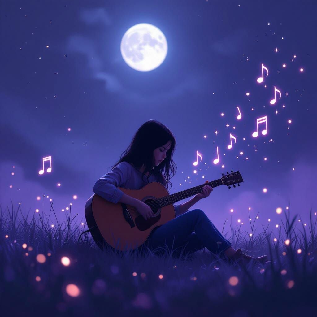 A dreamy YouTube banner scene of a girl sitting alone at night with a guitar under soft moonlight, surrounded by gentle sparkles and glowing...