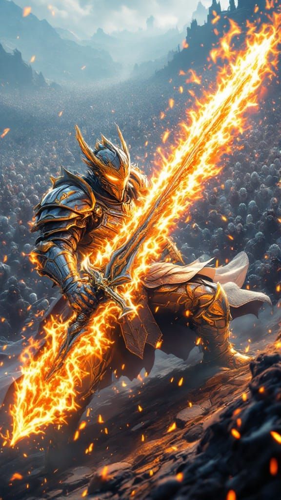Wide view Anime Style Visuals in 3D Pixels of Metallic Dragon Knight wielding a Hugh Flame up sword and backdrop of Hugh Crowd in Battlefiel...