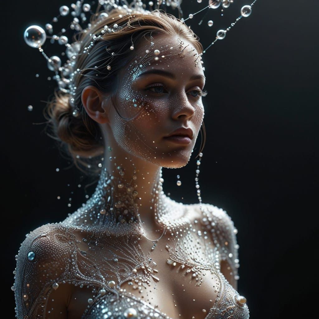 Hyperdetailed. 8K resolution. a woman entirely composed of suspended mesh of glowing bubbles and pearls and lace, her entire form - face, bo...