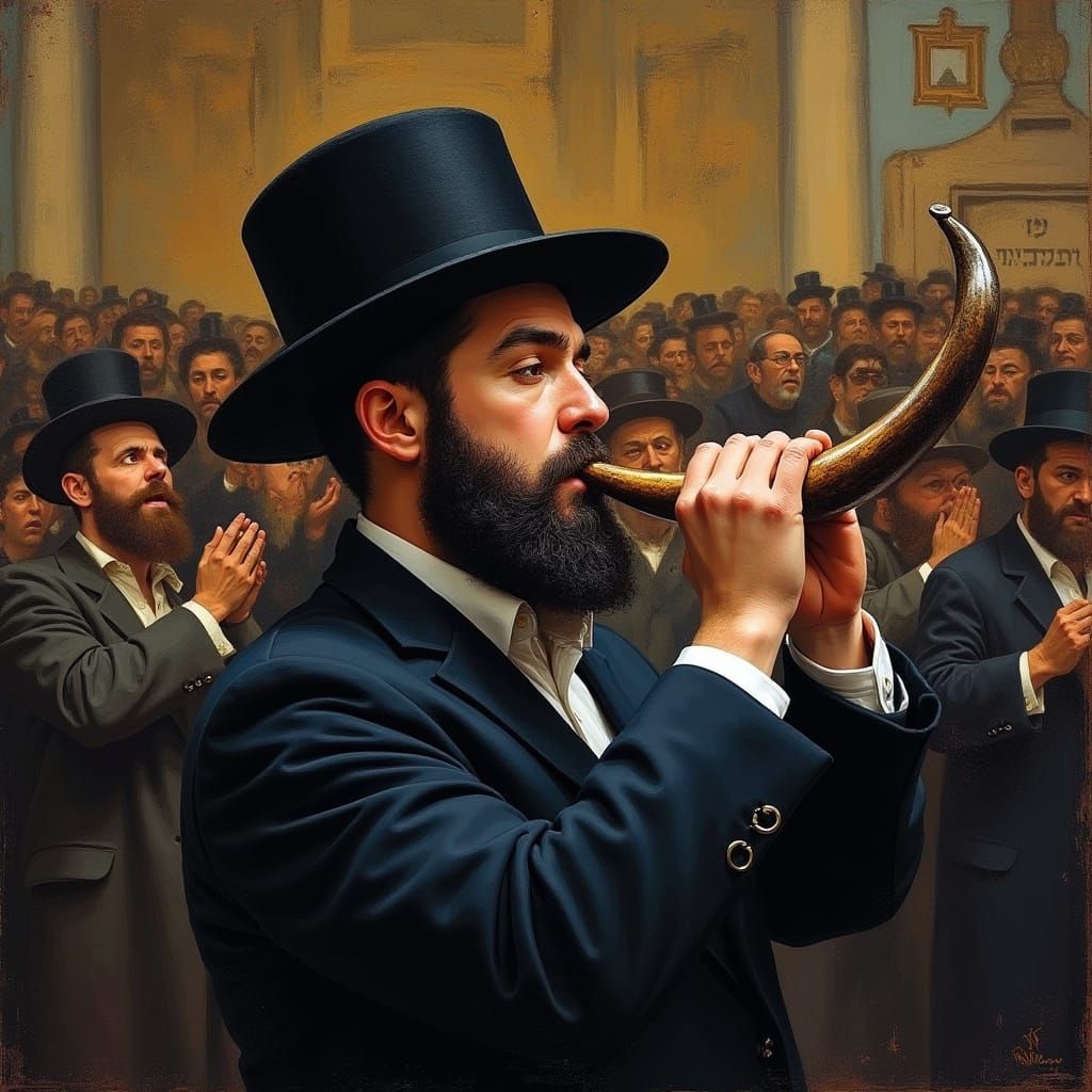 Chassidic Man Blowing Shofar in Synagogue: Chagall Style