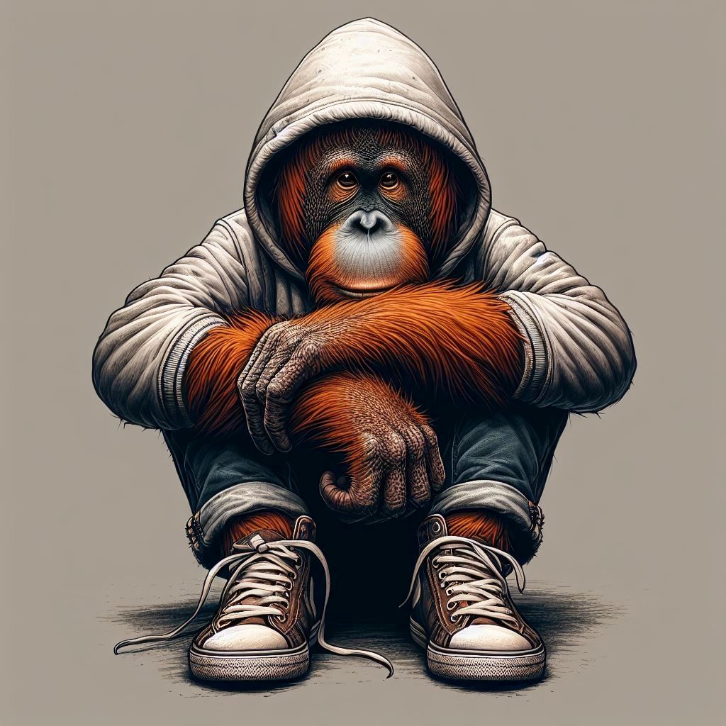 Orangutan in hoodie