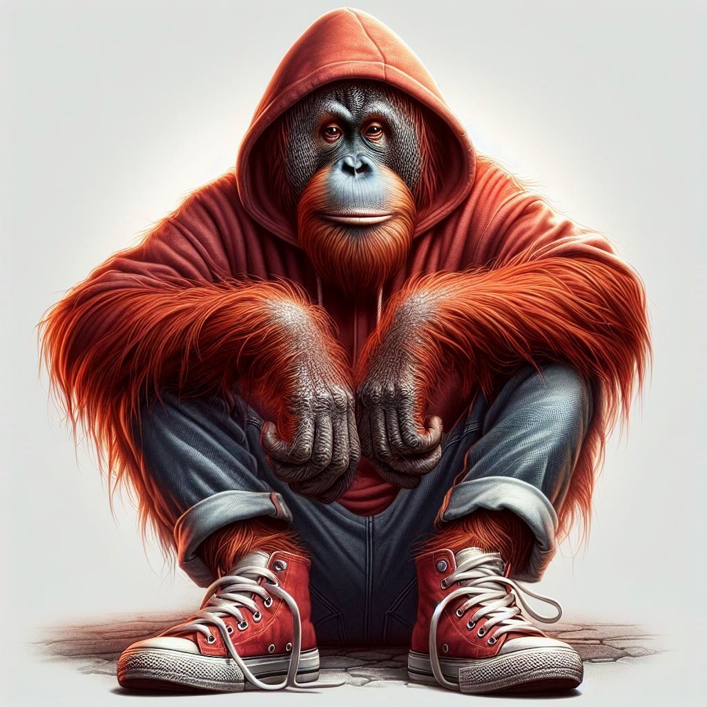 Orangutan in hoodie