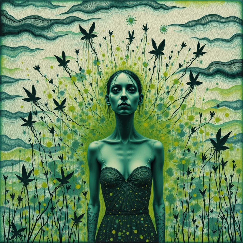 <lora:TriXy Artz:1.0> Oil painting in red black and white  haunting, exploration of identity