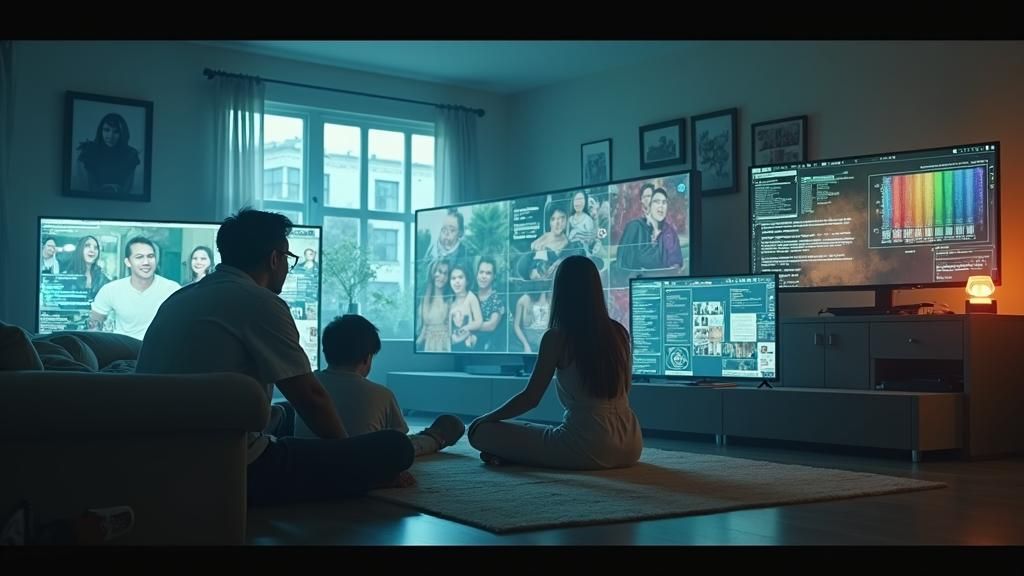 "Montage of screens throughout the house, displaying rapid data streams and family photos. Faint, translucent reflections of Sarah (stressed...