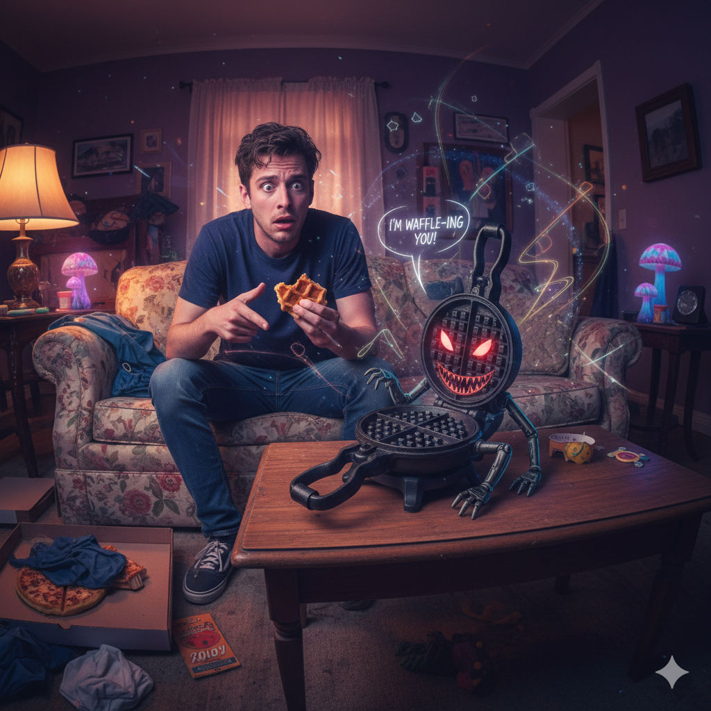 A guy hallucinates a waffle iron is watching him