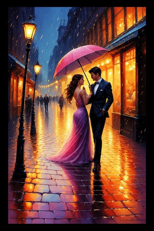 Romantic Waltz in the Rain: Watercolor Painting A vibrant watercolor painting of a couple waltzing in the rain. The scen...