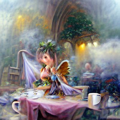 Fairy with broken wings drinking tea