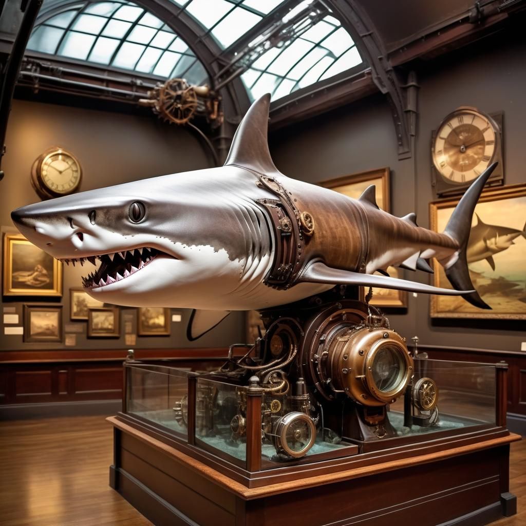 A steampunk art museum of sharks  by @Plumcell
