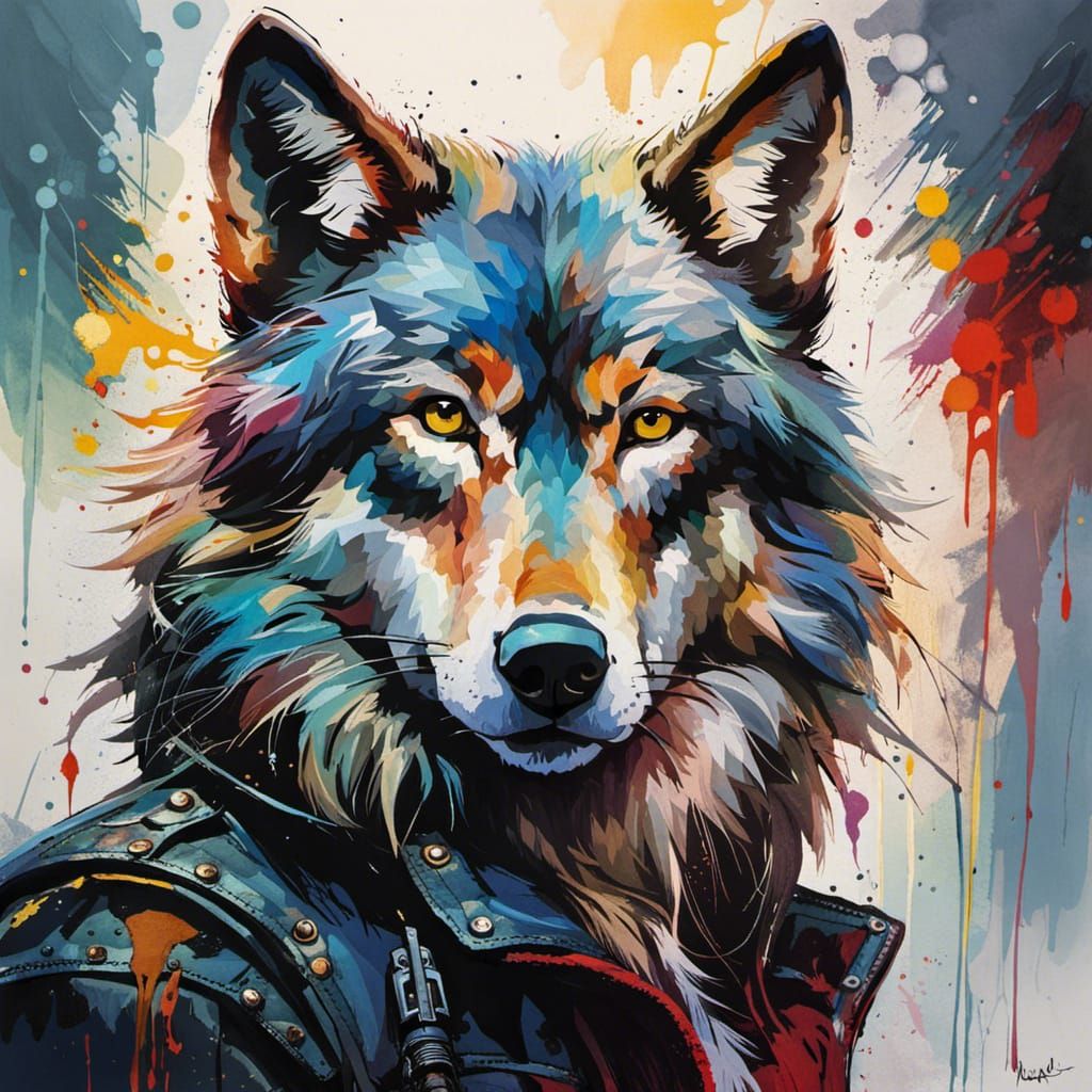 ((portrait of an anthropomorphic wolf)) in a leather jacket ...