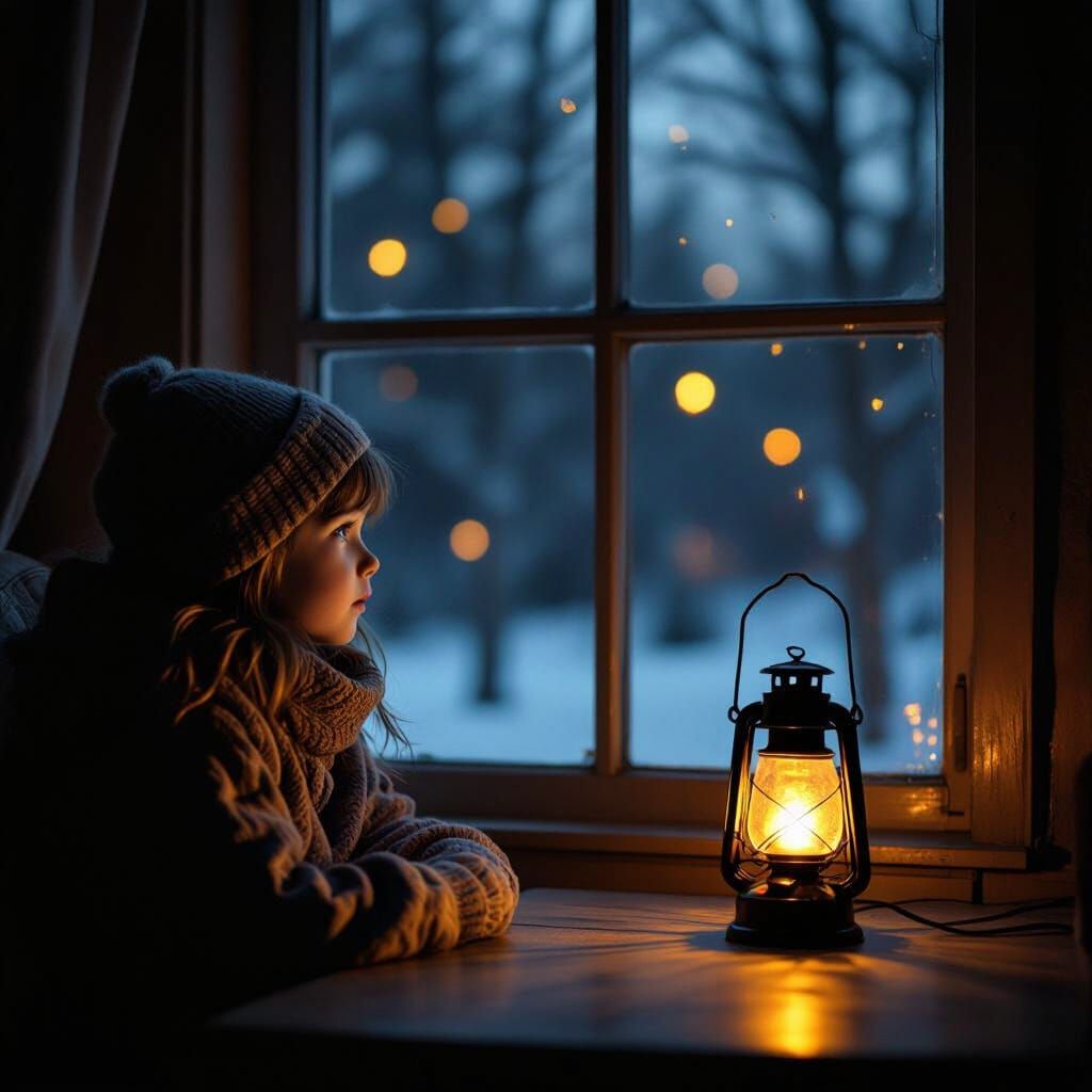 A sad girl, around ten years old, is sitting in warm clothes...