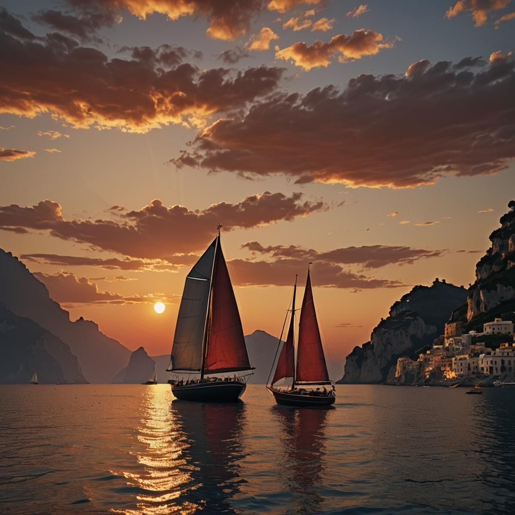 Color image of a small sailboat at sunset off Amalfi coast, ...