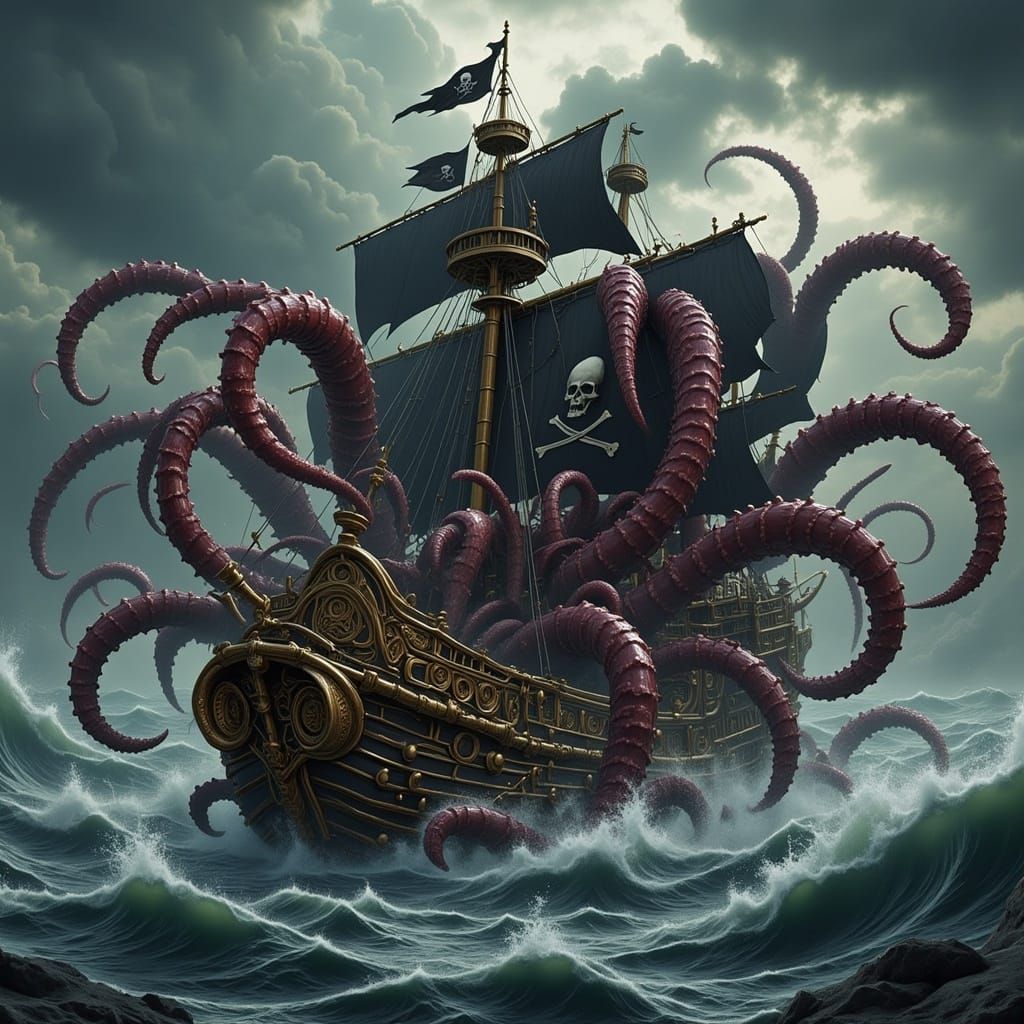 Kraken Attacks Pirate Ship in Stormy Seas