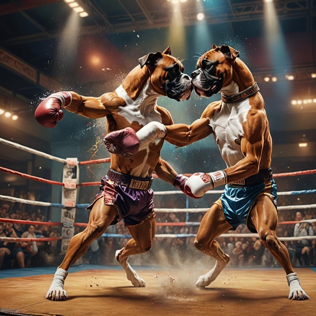 Two boxer canines boxing in a boxer ring