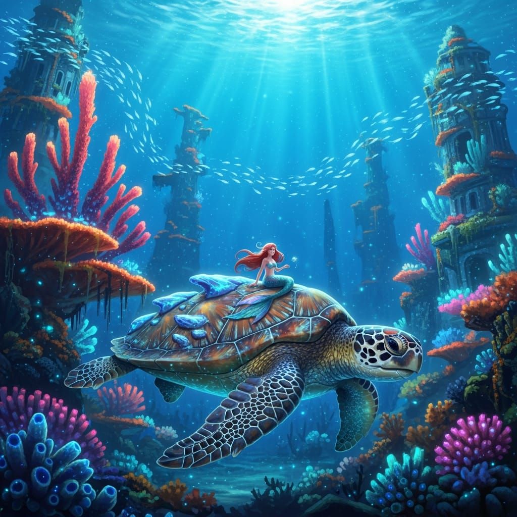 Mermaid riding Sea Turtle