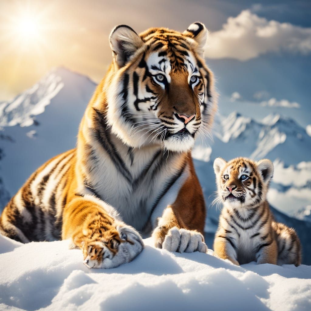 a cute tiger cub at the peak of a snowy mountain with its mother watching alert  by @vvrules77